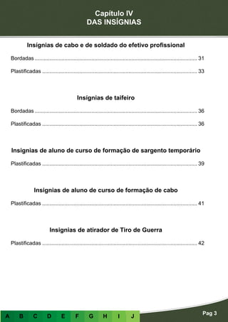 Capítulo IV
DAS INSÍGNIAS
Pag 3
A B C D E F G H I J
Insígnias de cabo e de soldado do efetivo profissional
Bordadas.............................................................................................................. 31
Plastificadas......................................................................................................... 33
Insígnias de taifeiro
Bordadas.............................................................................................................. 36
Plastificadas......................................................................................................... 36
Insignias de aluno de curso de formação de sargento temporário
Plastificadas......................................................................................................... 39
Insignias de aluno de curso de formação de cabo
Plastificadas......................................................................................................... 41
Insignias de atirador de Tiro de Guerra
Plastificadas......................................................................................................... 42
 
