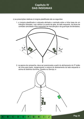 Capítulo IV
DAS INSÍGNIAS
Pag 33
A B C D E F G H I J
Plastificadas
c) as prescrições relativas à insígnia plastificada são as seguintes:
1. a insígnia plastificada é colocada alinhada e centrada sobre a linha base de um
triângulo isósceles, cujo vértice é a ponta da gola, do lado esquerdo, da blusa de
combate camuflada e dos macacões de manutenção e de guarniçào de blindados;
2. na japona de campanha, deve ser posicionada a partir do alinhamento do 2º botão
de cima para baixo, tangenciando a costura do abotoamento do lado esquerdo e
acima do distintivo da Arma, Quadro ou Serviço; e
 