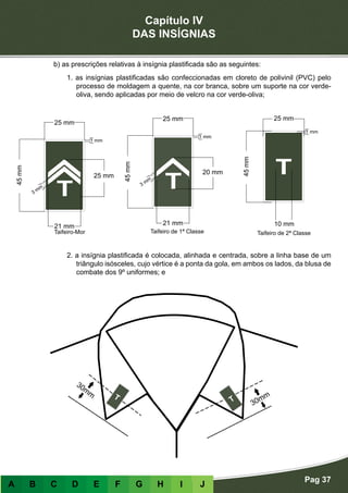 Capítulo IV
DAS INSÍGNIAS
Pag 37
A B C D E F G H I J
b) as prescrições relativas à insígnia plastificada são as seguintes:
1. as insígnias plastificadas são confeccionadas em cloreto de polivinil (PVC) pelo
processo de moldagem a quente, na cor branca, sobre um suporte na cor verde-
oliva, sendo aplicadas por meio de velcro na cor verde-oliva;
2. a insígnia plastificada é colocada, alinhada e centrada, sobre a linha base de um
triângulo isósceles, cujo vértice é a ponta da gola, em ambos os lados, da blusa de
combate dos 9º uniformes; e
Taifeiro-Mor Taifeiro de 1ª Classe Taifeiro de 2ª Classe
 