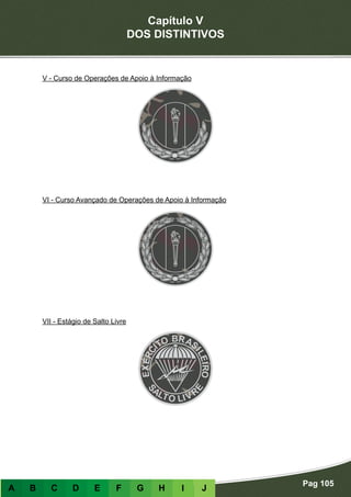 Capítulo V
DOS DISTINTIVOS
Pag 105
A B C D E F G H I J
V - Curso de Operações de Apoio à Informação
VI - Curso Avançado de Operações de Apoio à Informação
VII - Estágio de Salto Livre
 