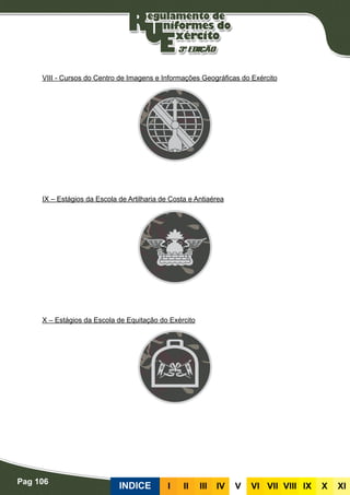 Pag 106
INDICE III III IV V VI VII VIII IX X XI
VIII - Cursos do Centro de Imagens e Informações Geográficas do Exército
IX – Estágios da Escola de Artilharia de Costa e Antiaérea
X – Estágios da Escola de Equitação do Exército
 