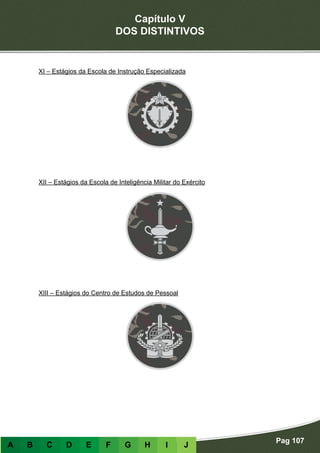 Capítulo V
DOS DISTINTIVOS
Pag 107
A B C D E F G H I J
XI – Estágios da Escola de Instrução Especializada
XII – Estágios da Escola de Inteligência Militar do Exército
XIII – Estágios do Centro de Estudos de Pessoal
 