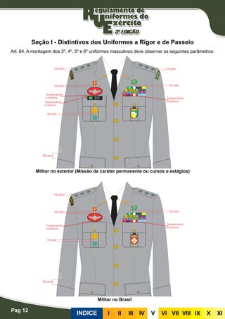 Pag 12
INDICE III III IV V VI VII VIII IX X XI
Seção I - Distintivos dos Uniformes a Rigor e de Passeio
Art. 64. A montagem dos 3º, 4º, 5º e 6º uniformes masculinos deve observar os seguintes parâmetros:
Militar no exterior (Missão de caráter permanente ou cursos e estágios)
Militar no Brasil
 
