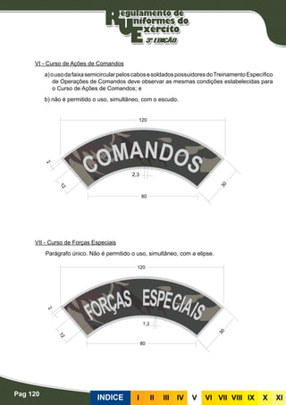 Pag 120
INDICE III III IV V VI VII VIII IX X XI
VI - Curso de Ações de Comandos
a)ousodafaixasemicircularpeloscabosesoldadospossuidoresdoTreinamentoEspecífico
de Operações de Comandos deve observar as mesmas condições estabelecidas para
o Curso de Ações de Comandos; e
b) não é permitido o uso, simultâneo, com o escudo.
VII - Curso de Forças Especiais
Parágrafo único. Não é permitido o uso, simultâneo, com a elipse.
 