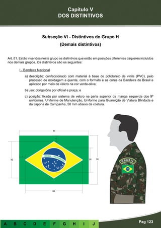Capítulo V
DOS DISTINTIVOS
Pag 123
A B C D E F G H I J
Subseção VI - Distintivos do Grupo H
(Demais distintivos)
Art. 81. Estão inseridos neste grupo os distintivos que estão em posições diferentes daqueles incluídos
nos demais grupos. Os distintivos são os seguintes:
I - Bandeira Nacional
a) descrição: confeccionado com material à base de policloreto de vinila (PVC), pelo
processo de moldagem a quente, com o formato e as cores da Bandeira do Brasil e
aplicado por meio de velcro na cor verde-oliva;
b) uso: obrigatório por oficial e praça; e
c) posição: fixado por sistema de velcro na parte superior da manga esquerda dos 9º
uniformes, Uniforme de Manutenção, Uniforme para Guarnição de Viatura Blindada e
da Japona de Campanha, 50 mm abaixo da costura.
 