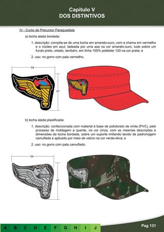 Capítulo V
DOS DISTINTIVOS
Pag 131
A B C D E F G H I J
IV - Curso de Precursor Paraquedista
a) tocha alada bordada:
1. descrição: compõe-se de uma tocha em amarelo-ouro, com a chama em vermelho
e o núcleo em azul, ladeada por uma asa na cor amarelo-ouro, tudo sobre um
fundo preto, orlado, também, em linha 100% poliéster 120 na cor preta; e
2. uso: no gorro com pala vermelho.
b) tocha alada plastificada:
1. descrição: confeccionada com material à base de policloreto de vinila (PVC), pelo
processo de moldagem a quente, na cor cinza, com as mesmas descrições e
dimensões da tocha bordada, sobre um suporte imitando tecido de padronagem
camuflada e aplicado por meio de velcro na cor verde-oliva; e
2. uso: no gorro com pala camuflado.
 