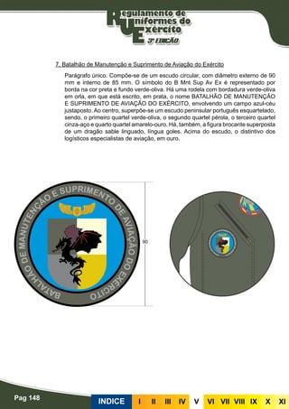 Pag 148
INDICE III III IV V VI VII VIII IX X XI
7. Batalhão de Manutenção e Suprimento de Aviação do Exército
Parágrafo único. Compõe-se de um escudo circular, com diâmetro externo de 90
mm e interno de 85 mm. O símbolo do B Mnt Sup Av Ex é representado por
borda na cor preta e fundo verde-oliva. Há uma rodela com bordadura verde-oliva
em orla, em que está escrito, em prata, o nome BATALHÃO DE MANUTENÇÃO
E SUPRIMENTO DE AVIAÇÃO DO EXÉRCITO, envolvendo um campo azul-céu
justaposto. Ao centro, superpõe-se um escudo peninsular português esquartelado,
sendo, o primeiro quartel verde-oliva, o segundo quartel pérola, o terceiro quartel
cinza-aço e quarto quartel amarelo-ouro. Há, também, a figura brocante superposta
de um dragão sable linguado, língua goles. Acima do escudo, o distintivo dos
logísticos especialistas de aviação, em ouro.
 