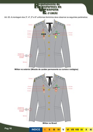Pag 16
INDICE III III IV V VI VII VIII IX X XI
Art. 65. A montagem dos 3º, 4º, 5º e 6º uniformes femininos deve observar os seguintes parâmetros:
Militar no Brasil
Militar no exterior (Missão de caráter permanente ou cursos e estágios)
 