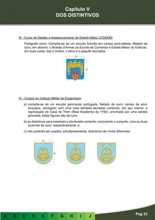 Capítulo V
DOS DISTINTIVOS
Pag 33
A B C D E F G H I J
III - Curso de Gestão e Assessoramento de Estado-Maior (CGAEM)
Parágrafo único. Compõe-se de um escudo francês em campo azul-celeste, filetado de
ouro; em abismo, o Brasão d’Armas da Escola de Comando e Estado-Maior do Exército,
em suas cores; traz o timbre, o elmo e o paquife dourados.
IV - Cursos do Instituto Militar de Engenharia
a) compõe-se de um escudo peninsular português, filetado de ouro; campo de azul-
turquesa, carregado com uma roda dentada laureada contendo, em seu interior, a
reprodução da Casa do Trem (Real Academia de 1792), encimada por uma estrela
gironada; todas figuras são de ouro.
b) os distintivos para mestrado e doutorado conterão, encimando o conjunto, uma ou duas
lucernas de ouro, respectivamente; e
c) não poderão ser usados, simultaneamente, distintivos de níveis diferentes.
 