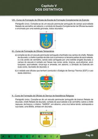 Capítulo V
DOS DISTINTIVOS
Pag 35
A B C D E F G H I J
VIII - Curso de Formação de Oficiais da Escola de Formação Complementar do Exército
Parágrafo único. Compõe-se de um escudo peninsular português de campo azul-celeste
filetado de vermelho; em abismo, o símbolo do Quadro Complementar de Oficiais laureado
e encimado por uma estrela gironada, todos dourados.
IX - Curso de Formação de Oficiais Temporários
a) compõe-se de um escudo peninsular português chanfrado nos cantos do chefe, filetado
de dourado; o chefe é partido de três com a primeira e a terceira partes de azul-celeste,
e a do centro de vermelho, sendo esta carregada por uma estrela singela dourada; o
campo do escudo é cortado por faixas nas cores verde, branca, azul-ultramar, azul-
turquesa, azul-celeste, cinza-aço e amarela; em abismo, o Símbolo do Exército em
suas cores, laureado de dourado; e
b) é vedado aos oficiais que tenham concluído o Estágio de Serviço Técnico (EST) o uso
deste distintivo.
X - Curso de Formação de Oficiais do Serviço de Assistência Religiosa
Parágrafo único. Compõe-se de um escudo peninsular português de branco filetado de
dourado; chefe filetado de dourado, cortado de azul-celeste e de vermelho; sobre o chefe
repousa, de branco, o dístico: “SAREX”; em abismo, uma cruz latina tendo, sobreposta a
sua base, uma Bíblia, ambas em dourado.
 