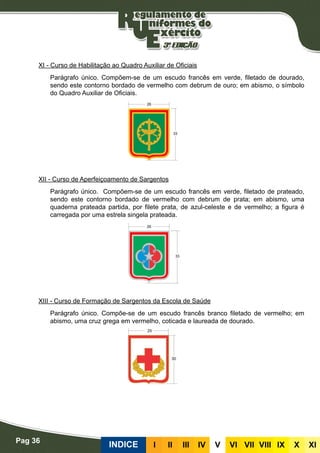 Pag 36
INDICE III III IV V VI VII VIII IX X XI
XI - Curso de Habilitação ao Quadro Auxiliar de Oficiais
Parágrafo único. Compõem-se de um escudo francês em verde, filetado de dourado,
sendo este contorno bordado de vermelho com debrum de ouro; em abismo, o símbolo
do Quadro Auxiliar de Oficiais.
XII - Curso de Aperfeiçoamento de Sargentos
Parágrafo único. Compõem-se de um escudo francês em verde, filetado de prateado,
sendo este contorno bordado de vermelho com debrum de prata; em abismo, uma
quaderna prateada partida, por filete prata, de azul-celeste e de vermelho; a figura é
carregada por uma estrela singela prateada.
XIII - Curso de Formação de Sargentos da Escola de Saúde
Parágrafo único. Compõe-se de um escudo francês branco filetado de vermelho; em
abismo, uma cruz grega em vermelho, coticada e laureada de dourado.
 