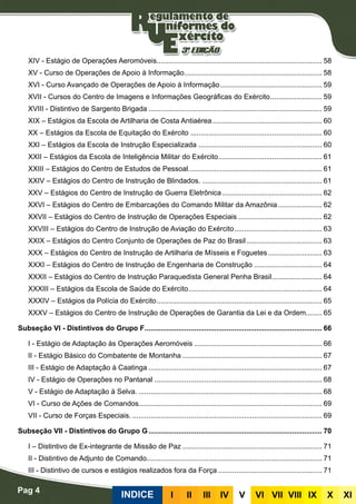 Pag 4
INDICE III III IV V VI VII VIII IX X XI
XIV - Estágio de Operações Aeromóveis................................................................................... 58
XV - Curso de Operações de Apoio à Informação...................................................................... 58
XVI - Curso Avançado de Operações de Apoio à Informação.................................................... 59
XVII - Cursos do Centro de Imagens e Informações Geográficas do Exército........................... 59
XVIII - Distintivo de Sargento Brigada........................................................................................ 59
XIX – Estágios da Escola de Artilharia de Costa Antiaérea........................................................ 60
XX – Estágios da Escola de Equitação do Exército................................................................... 60
XXI – Estágios da Escola de Instrução Especializada............................................................... 60
XXII – Estágios da Escola de Inteligência Militar do Exército..................................................... 61
XXIII – Estágios do Centro de Estudos de Pessoal.................................................................... 61
XXIV – Estágios do Centro de Instrução de Blindados.............................................................. 61
XXV – Estágios do Centro de Instrução de Guerra Eletrônica................................................... 62
XXVI – Estágios do Centro de Embarcações do Comando Militar da Amazônia....................... 62
XXVII – Estágios do Centro de Instrução de Operações Especiais........................................... 62
XXVIII – Estágios do Centro de Instrução de Aviação do Exército............................................. 63
XXIX – Estágios do Centro Conjunto de Operações de Paz do Brasil....................................... 63
XXX – Estágios do Centro de Instrução de Artilharia de Mísseis e Foguetes............................ 63
XXXI – Estágios do Centro de Instrução de Engenharia de Construção................................... 64
XXXII – Estágios do Centro de Instrução Paraquedista General Penha Brasil.......................... 64
XXXIII – Estágios da Escola de Saúde do Exército.................................................................... 64
XXXIV – Estágios da Polícia do Exército.................................................................................... 65
XXXV – Estágios do Centro de Instrução de Operações de Garantia da Lei e da Ordem......... 65
Subseção VI - Distintivos do Grupo F.......................................................................................... 66
I - Estágio de Adaptação às Operações Aeromóveis................................................................. 66
II - Estágio Básico do Combatente de Montanha....................................................................... 67
III - Estágio de Adaptação à Caatinga........................................................................................ 67
IV - Estágio de Operações no Pantanal..................................................................................... 68
V - Estágio de Adaptação à Selva.............................................................................................. 68
VI - Curso de Ações de Comandos............................................................................................ 69
VII - Curso de Forças Especiais................................................................................................. 69
Subseção VII - Distintivos do Grupo G........................................................................................ 70
I – Distintivo de Ex-integrante de Missão de Paz....................................................................... 71
II - Distintivo de Adjunto de Comando........................................................................................ 71
III - Distintivo de cursos e estágios realizados fora da Força..................................................... 71
 