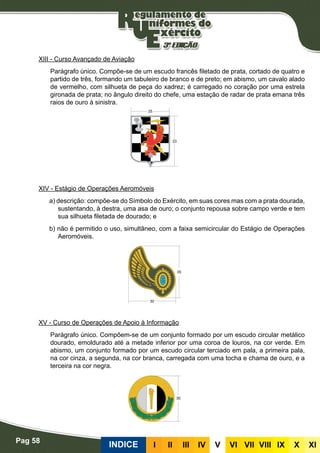 Pag 58
INDICE III III IV V VI VII VIII IX X XI
XIII - Curso Avançado de Aviação
Parágrafo único. Compõe-se de um escudo francês filetado de prata, cortado de quatro e
partido de três, formando um tabuleiro de branco e de preto; em abismo, um cavalo alado
de vermelho, com silhueta de peça do xadrez; é carregado no coração por uma estrela
gironada de prata; no ângulo direito do chefe, uma estação de radar de prata emana três
raios de ouro à sinistra.
XIV - Estágio de Operações Aeromóveis
a) descrição: compõe-se do Símbolo do Exército, em suas cores mas com a prata dourada,
sustentando, à destra, uma asa de ouro; o conjunto repousa sobre campo verde e tem
sua silhueta filetada de dourado; e
b) não é permitido o uso, simultâneo, com a faixa semicircular do Estágio de Operações
Aeromóveis.
XV - Curso de Operações de Apoio à Informação
Parágrafo único. Compõem-se de um conjunto formado por um escudo circular metálico
dourado, emoldurado até a metade inferior por uma coroa de louros, na cor verde. Em
abismo, um conjunto formado por um escudo circular terciado em pala, a primeira pala,
na cor cinza, a segunda, na cor branca, carregada com uma tocha e chama de ouro, e a
terceira na cor negra.
 