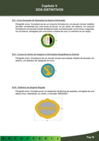 Capítulo V
DOS DISTINTIVOS
Pag 59
A B C D E F G H I J
XVI - Curso Avançado de Operações de Apoio à Informação
Parágrafo único. Compõem-se de um conjunto formado por um escudo circular metálico
dourado, emoldurado por uma coroa de louros, na cor verde. Em abismo, um conjunto
formado por um escudo circular terciado em pala, a primeira pala, na cor cinza, a segunda,
na cor branca, carregada com uma tocha e chama de ouro, e a terceira na cor negra.
XVII - Cursos do Centro de Imagens e Informações Geográficas do Exército
Parágrafo único. Compõe-se de um escudo circular azul-celeste, filetado de dourado; em
abismo, um distintivo de Topógrafo em ouro.
XVIII - Distintivo de Sargento Brigada
Parágrafo único. Compõe-se de um resplendor de lâminas de espadas, carregado de uma
elipse cinza, ostentando, ao centro, a inscrição “BRIGADA”.
 