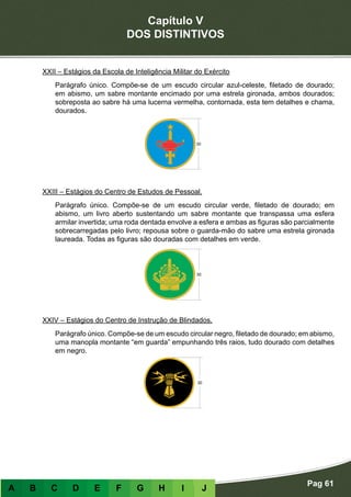 Capítulo V
DOS DISTINTIVOS
Pag 61
A B C D E F G H I J
XXII – Estágios da Escola de Inteligência Militar do Exército
Parágrafo único. Compõe-se de um escudo circular azul-celeste, filetado de dourado;
em abismo, um sabre montante encimado por uma estrela gironada, ambos dourados;
sobreposta ao sabre há uma lucerna vermelha, contornada, esta tem detalhes e chama,
dourados.
XXIII – Estágios do Centro de Estudos de Pessoal.
Parágrafo único. Compõe-se de um escudo circular verde, filetado de dourado; em
abismo, um livro aberto sustentando um sabre montante que transpassa uma esfera
armilar invertida; uma roda dentada envolve a esfera e ambas as figuras são parcialmente
sobrecarregadas pelo livro; repousa sobre o guarda-mão do sabre uma estrela gironada
laureada. Todas as figuras são douradas com detalhes em verde.
XXIV – Estágios do Centro de Instrução de Blindados.
Parágrafo único. Compõe-se de um escudo circular negro, filetado de dourado; em abismo,
uma manopla montante “em guarda” empunhando três raios, tudo dourado com detalhes
em negro.
 