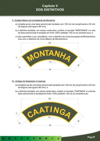 Capítulo V
DOS DISTINTIVOS
Pag 67
A B C D E F G H I J
II - Estágio Básico do Combatente de Montanha
a) compõe-se de uma faixa semicircular bordada com 120 mm de comprimento e 30 mm
de largura (raio igual a 80 mm);
b) o distintivo bordado, em campo verde-oliva, contém a inscrição “MONTANHA” e a orla
da faixa semicircular é bordada em linha 100% poliéster 120 na cor amarelo-ouro; e
c) não é permitido o uso, simultâneo, com o distintivo do Curso Avançado de Montanhismo
e/ou com o distintivo do Curso Básico de Montanhismo.
III - Estágio de Adaptação à Caatinga
a) compõem-se de uma faixa semicircular bordada com 120 mm de comprimento e 30 mm
de largura (raio igual a 80 mm); e
b) o distintivo bordado, em campo verde-oliva, contém a inscrição “CAATINGA” e a orla da
faixa semicircular é bordada em linha 100% poliéster 120 na cor amarelo-ouro.
 