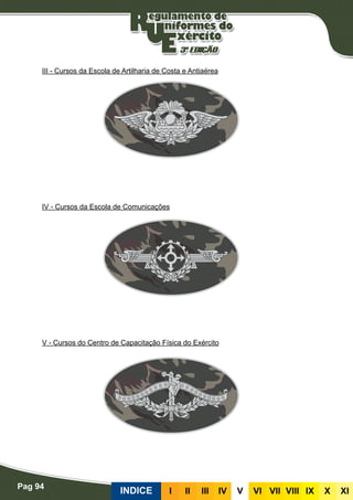 Pag 94
INDICE III III IV V VI VII VIII IX X XI
III - Cursos da Escola de Artilharia de Costa e Antiaérea
IV - Cursos da Escola de Comunicações
V - Cursos do Centro de Capacitação Física do Exército
 