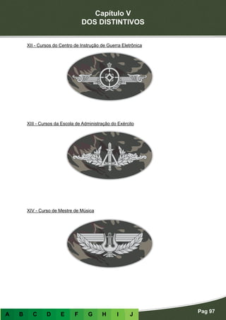 Capítulo V
DOS DISTINTIVOS
Pag 97
A B C D E F G H I J
XII - Cursos do Centro de Instrução de Guerra Eletrônica
XIII - Cursos da Escola de Administração do Exército
XIV - Curso de Mestre de Música
 