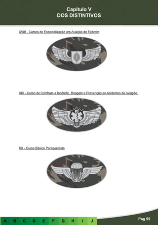 Capítulo V
DOS DISTINTIVOS
Pag 99
A B C D E F G H I J
XVIII - Cursos de Especialização em Aviação do Exército
XIX - Curso de Combate a Incêndio, Resgate e Prevenção de Acidentes de Aviação.
XX - Curso Básico Paraquedista
 