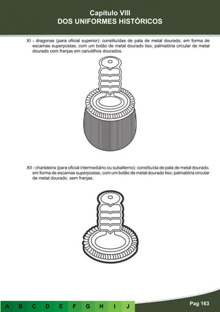 Capítulo VIII
DOS UNIFORMES HISTÓRICOS
Pag 163
A B C D E F G H I J
XI - dragonas (para oficial superior): constituídas de pala de metal dourado, em forma de
escamas superpostas, com um botão de metal dourado liso; palmatória circular de metal
dourado com franjas em canutilhos dourados.
XII - charlateira (para oficial intermediário ou subalterno): constituída de pala de metal dourado,
em forma de escamas superpostas, com um botão de metal dourado liso; palmatória circular
de metal dourado, sem franjas.
 