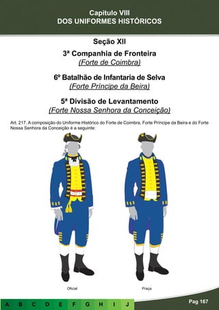 Capítulo VIII
DOS UNIFORMES HISTÓRICOS
Pag 167
A B C D E F G H I J
Seção XII
3ª Companhia de Fronteira
(Forte de Coimbra)
6º Batalhão de Infantaria de Selva
(Forte Príncipe da Beira)
5ª Divisão de Levantamento
(Forte Nossa Senhora da Conceição)
Art. 217. A composição do Uniforme Histórico do Forte de Coimbra, Forte Príncipe da Beira e do Forte
Nossa Senhora da Conceição é a seguinte:
PraçaOficial
 