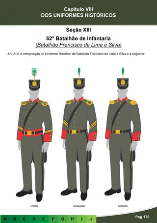 Capítulo VIII
DOS UNIFORMES HISTÓRICOS
Pag 175
A B C D E F G H I J
GraduadoOficial Soldado
Seção XIII
62° Batalhão de Infantaria
(Batalhão Francisco de Lima e Silva)
Art. 219. A composição do Uniforme Histórico do Batalhão Francisco de Lima e Silva é a seguinte:
 