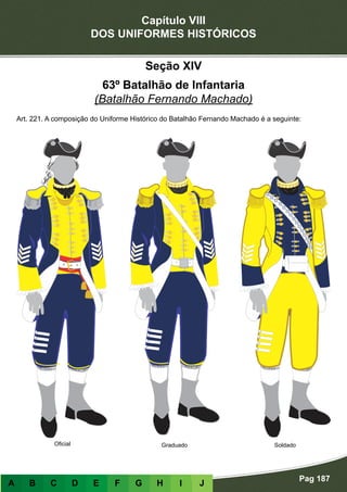 Capítulo VIII
DOS UNIFORMES HISTÓRICOS
Pag 187
A B C D E F G H I J
GraduadoOficial Soldado
Seção XIV
63º Batalhão de Infantaria
(Batalhão Fernando Machado)
Art. 221. A composição do Uniforme Histórico do Batalhão Fernando Machado é a seguinte:
 