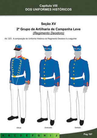 Capítulo VIII
DOS UNIFORMES HISTÓRICOS
Pag 197
A B C D E F G H I J
GraduadoOficial Soldado
Seção XV
2º Grupo de Artilharia de Campanha Leve
(Regimento Deodoro)
Art. 223. A composição do Uniforme Histórico do Regimento Deodoro é a seguinte:
 