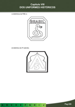 Capítulo VIII
DOS UNIFORMES HISTÓRICOS
Pag 235
A B C D E F G H I J
c) distintivos da FEB; e
d) distintivo do 5º exército.
 