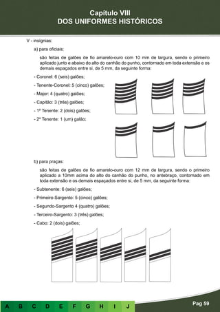 Capítulo VIII
DOS UNIFORMES HISTÓRICOS
Pag 59
A B C D E F G H I J
V - insígnias:
a) para oficiais:
são feitas de galões de fio amarelo-ouro com 10 mm de largura, sendo o primeiro
aplicado junto e abaixo do alto do canhão do punho, contornado em toda extensão e os
demais espaçados entre si, de 5 mm, da seguinte forma:
- Coronel: 6 (seis) galões;
- Tenente-Coronel: 5 (cinco) galões;
- Major: 4 (quatro) galões;
- Capitão: 3 (três) galões;
- 1º Tenente: 2 (dois) galões;
- 2º Tenente: 1 (um) galão;
b) para praças:
são feitas de galões de fio amarelo-ouro com 12 mm de largura, sendo o primeiro
aplicado a 10mm acima do alto do canhão do punho, no antebraço, contornado em
toda extensão e os demais espaçados entre si, de 5 mm, da seguinte forma:
- Subtenente: 6 (seis) galões;
- Primeiro-Sargento: 5 (cinco) galões;
- Segundo-Sargento 4 (quatro) galões;
- Terceiro-Sargento: 3 (três) galões;
- Cabo: 2 (dois) galões;
 