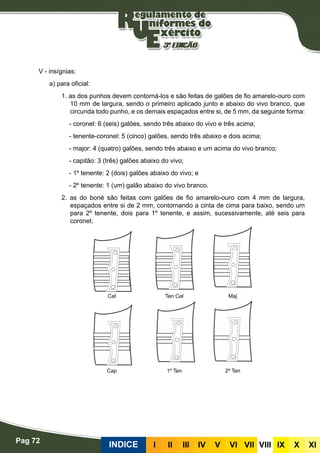 Pag 72
INDICE III III IV V VI VII VIII IX X XI
V - insígnias:
a) para oficial:
1. as dos punhos devem contorná-los e são feitas de galões de fio amarelo-ouro com
10 mm de largura, sendo o primeiro aplicado junto e abaixo do vivo branco, que
circunda todo punho, e os demais espaçados entre si, de 5 mm, da seguinte forma:
- coronel: 6 (seis) galões, sendo três abaixo do vivo e três acima;
- tenente-coronel: 5 (cinco) galões, sendo três abaixo e dois acima;
- major: 4 (quatro) galões, sendo três abaixo e um acima do vivo branco;
- capitão: 3 (três) galões abaixo do vivo;
- 1º tenente: 2 (dois) galões abaixo do vivo; e
- 2º tenente: 1 (um) galão abaixo do vivo branco.
2. as do boné são feitas com galões de fio amarelo-ouro com 4 mm de largura,
espaçados entre si de 2 mm, contornando a cinta de cima para baixo, sendo um
para 2º tenente, dois para 1º tenente, e assim, sucessivamente, até seis para
coronel;
Cel Ten Cel Maj
2º Ten1º TenCap
 