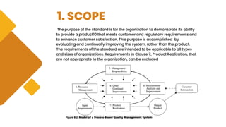 1. SCOPE
The purpose of the standard is for the organization to demonstrate its ability
to provide a product10 that meets customer and regulatory requirements and
to enhance customer satisfaction. This purpose is accomplished by
evaluating and continually improving the system, rather than the product.
The requirements of the standard are intended to be applicable to all types
and sizes of organizations. Requirements in Clause 7, Product Realization, that
are not appropriate to the organization, can be excluded
 