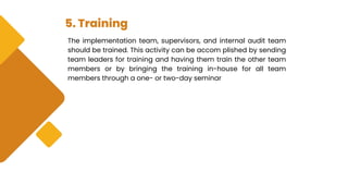 5. Training
The implementation team, supervisors, and internal audit team
should be trained. This activity can be accom plished by sending
team leaders for training and having them train the other team
members or by bringing the training in-house for all team
members through a one- or two-day seminar
 