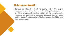 11. Internal Audit
Conduct an internal audit of the quality system. This step is
necessary to ensure that the system is working effec tively and to
provide management with information for the comprehensive
management review. Minor correc tions to the system are made
as they occur. A cross-section of trained people should be used
for the audit team.
 