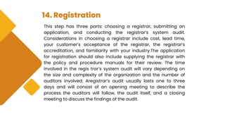 14. Registration
This step has three parts: choosing a registrar, submitting an
application, and conducting the registrar’s system audit.
Considerations in choosing a registrar include cost, lead time,
your customer’s acceptance of the registrar, the registrar’s
accreditation, and familiarity with your industry.The application
for registration should also include supplying the registrar with
the policy and procedure manuals for their review. The time
involved in the regis trar’s system audit will vary depending on
the size and complexity of the organization and the number of
auditors involved. Aregistrar’s audit usually lasts one to three
days and will consist of an opening meeting to describe the
process the auditors will follow, the audit itself, and a closing
meeting to discuss the findings of the audit.
 