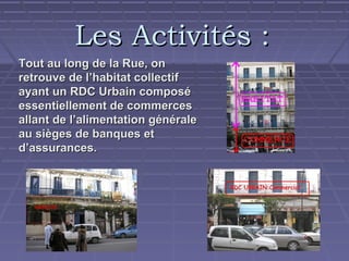 Les Activités :
Tout au long de la Rue, on
retrouve de l’habitat collectif
ayant un RDC Urbain composé
essentiellement de commerces
allant de l’alimentation générale
au sièges de banques et
d’assurances.

 