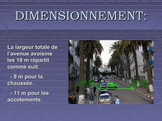 DIMENSIONNEMENT:
La largeur totale de
l’avenue avoisine
les 19 m répartit
comme suit:
- 8 m pour la
chaussée.
- 11 m pour les
accotements.

 