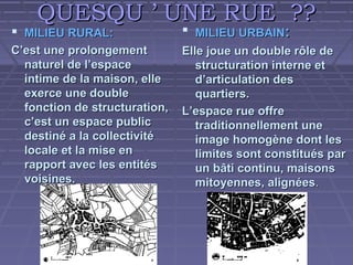 QUESQU ’ UNE RUE ??

 MILIEU RURAL:

 MILIEU URBAIN:

C’est une prolongement
naturel de l’espace
intime de la maison, elle
exerce une double
fonction de structuration,
c’est un espace public
destiné a la collectivité
locale et la mise en
rapport avec les entités
voisines.

Elle joue un double rôle de
structuration interne et
d’articulation des
quartiers.
L’espace rue offre
traditionnellement une
image homogène dont les
limites sont constitués par
un bâti continu, maisons
mitoyennes, alignées.

 