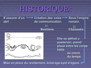 HISTORIQUE:
S’assurer d’un
abri

Création des voies
de communication.
Sentiers.

Sous l’empire
romain.
Chaussée.

Elle se définit a
posteriori, prend
place entre les corps
bâtis.
au cours
du temps
Mise en place du revêtement, éclairage,syst d’égout….

 