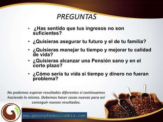 • ¿Has sentido que tus ingresos no son
suficientes?
• ¿Quisieras asegurar tu futuro y el de tu familia?
• ¿Quisieras manejar tu tiempo y mejorar tu calidad
de vida?
• ¿Quisieras alcanzar una Pensión sano y en el
corto plazo?
• ¿Cómo sería tu vida si tiempo y dinero no fueran
problema?
PREGUNTAS
No podemos esperar resultados diferentes si continuamos
haciendo lo mismo. Debemos hacer cosas nuevas para así
conseguir nuevos resultados.
www.ganocafedecolombia.com
 