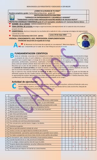 BIENVENIDOS LOS PERSISTENTES Y DEDICADOS A SER MEJOR 
¿COMO VA LA RUEDA DE TU VIDA?” 
Nombre completo y grado: Carlos Albe...