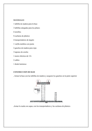 MATERIALES
1 tablilla de madera para la base
3 tablillas alargadas para los pilares
6 tornillos
8 cucharas de plástico
4 transportadores de ángulo
1 varilla metálica con punta
2 ganchos de madera para ropa
3 tapones de corcho
1 motor eléctrico de 12v
2 cables
1 diodo luminoso
CONSTRUCCION DE BASE
. Armar la base con las tablillas de madera y asegurar los ganchos en la parte superior
.Armar la rueda con aspas, con los transportadores y las cucharas de plástico.
 