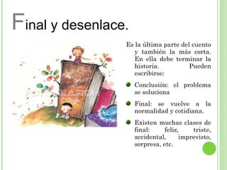 Final y desenlace.
                 Es la última parte del cuento
                    y también la más corta.
                    En ella debe terminar la
                    historia.          Pueden
                    escribirse:
                     Conclusión: el problema
                     se soluciona
                     Final: se vuelve a la
                     normalidad y cotidiana.
                     Existen muchas clases de
                     final:     feliz,    triste,
                     accidental,      imprevisto,
                     sorpresa, etc.
 