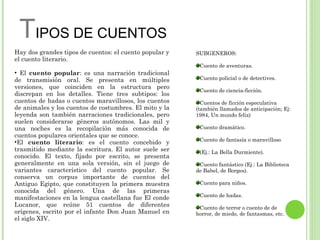 TIPOS DE CUENTOS
Hay dos grandes tipos de cuentos: el cuento popular y   SUBGENEROS:
el cuento literario.
                                                         Cuento de aventuras.
• El cuento popular: es una narración tradicional
de transmisión oral. Se presenta en múltiples            Cuento policial o de detectives.
versiones, que coinciden en la estructura pero
                                                         Cuento de ciencia-ficción.
discrepan en los detalles. Tiene tres subtipos: los
cuentos de hadas o cuentos maravillosos, los cuentos      Cuentos de ficción especulativa
de animales y los cuentos de costumbres. El mito y la   (también llamados de anticipación; Ej:
leyenda son también narraciones tradicionales, pero     1984, Un mundo feliz)
suelen considerarse géneros autónomos. Las mil y
una noches es la recopilación más conocida de            Cuento dramático.
cuentos populares orientales que se conoce.
•El cuento literario: es el cuento concebido y           Cuento de fantasía o maravilloso
trasmitido mediante la escritura. El autor suele ser     (Ej.: La Bella Durmiente).
conocido. El texto, fijado por escrito, se presenta
generalmente en una sola versión, sin el juego de        Cuento fantástico (Ej.: La Biblioteca
variantes característico del cuento popular. Se         de Babel, de Borges).
conserva un corpus importante de cuentos del
Antiguo Egipto, que constituyen la primera muestra       Cuento para niños.
conocida del género. Una de las primeras
manifestaciones en la lengua castellana fue El conde     Cuento de hadas.
Lucanor, que reúne 51 cuentos de diferentes              Cuento de terror o cuento de de
orígenes, escrito por el infante Don Juan Manuel en     horror, de miedo, de fantasmas, etc.
el siglo XIV.
 