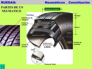 RUEDAS:  Neumáticos _ Constitución Banda de rodadura Flanco Hombro Escultura Lonas de  cubierta Aro Talón Cordón de centrado Lonas de  carcasa Punta de Talón Revestimiento  de goma interior PARTES DE UN NEUMATICO Indicadores de desgaste (LINER) 