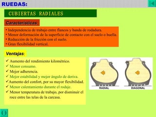 RUEDAS:  CUBIERTAS RADIALES Aumento del rendimiento kilométrico. Menor consumo. Mejor adherencia. Mejor estabilidad y mejor ángulo de deriva. Aumento del confort, por su mayor flexibilidad. Menor calentamiento durante el rodaje. Menor temperatura de trabajo, por disminuir el  roce entre las telas de la carcasa. Independencia de trabajo entre flancos y banda de rodadura. Menor deformación de la superficie de contacto con el suelo o huella. Reducción de la fricción con el suelo. Gran flexibilidad vertical. Características : Ventajas : RADIAL DIAGONAL 