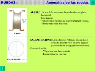 RUEDAS:  Anomalías de las ruedas Eje de giro ALABEO EXCENTRICIDAD ALABEO : Es una deformación de la rueda sobre un plano horizontal.  Esto genera: - Variaciones continuas de la convergencia y caída. - Vibraciones en la dirección. EXCEMTRICIDAD : La rueda no es redonda, esta un poco  ovalada. En este caso, se haría acceder y descender la mangueta en cada vuelta. Esto ocasionaría:  - Vibraciones en la carrocería. - Inestabilidad de marcha. 