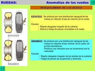 RUEDAS:  Anomalías de las ruedas ESTATICO DINAMICO DESEQUILIBRIOS  DE  LAS  RUEDAS ESTATICO :  Se produce por una distribución desigual de las masas en relación al eje de rotación de la rueda. Causas:  -  Rápido desgaste irregular de la cubierta. -  Rotura o fatiga de piezas vinculadas a la rueda. DINAMICO:   Se produce por una distribución desigual de las masas en relación al eje vertical  de la rueda, en puntos asimétricos. Produce una vibración que se incrementa con la velocidad. Causas:  -  Rápido desgaste irregular de los bordes de la cubierta -  Fatiga de piezas de suspensión y dirección. 