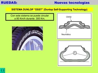 RUEDAS:  Nuevas tecnologías SISTEMA DUNLOP “DSST” (Dunlop Self-Supporting Technology) Llanta Neumático Con este sistema se puede circular a 80 Km/h durante  300 Km. 