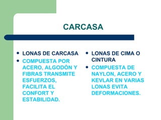 CARCASA


   LONAS DE CARCASA      LONAS DE CIMA O
   COMPUESTA POR          CINTURA
    ACERO, ALGODÓN Y      COMPUESTA DE
    FIBRAS TRANSMITE       NAYLON, ACERO Y
    ESFUERZOS,             KEVLAR EN VARIAS
    FACILITA EL            LONAS EVITA
    CONFORT Y              DEFORMACIONES.
    ESTABILIDAD.
 